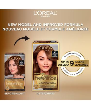 L'Oreal Paris Superior Preference 9 weeks of Luminous Fade-Defying Permanent Hair Dye 45 Medium Copper Brown 100% Grey Coverage 1 Hair Dye Kit (Packaging May Vary) 1 count (Pack of 1) Medium Copper Brown - Buy Online on GoSupps.com
