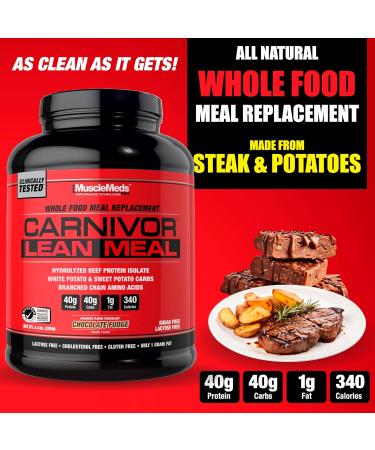 MuscleMeds CARNIVOR Lean Meal Whole Food Meal Replacement Shake MRE Beef Protein Isolate White Potato Sweet Potato 40g Protein 40 g Carbs Lactose Free Sugar Free Chocolate Fudge 20 Servings Chocolate Fudge 4.34 Pou  - Buy Online on GoSupps.com