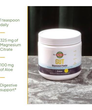 KAL Gut Magnesium Plus Aloe Vera Powder - Lemon Drink Mix - Magnesium Citrate Supplement with Aloe Vera Gel for Digestion & Relaxation Support - No Sugar - 60-Day Guarantee 40 Servings 4.8 OZ - Buy Online on GoSupps.com