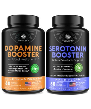 TWINLEAF Serotonin & Dopamine Support Bundle - 5HTP Vitamin B6 B12 GABA L-Tyrosine & L-Theanine for Mood & Mental Well-Being - 60 Capsules Each - Made in USA