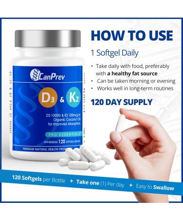 CanPrev D3 & K2 Vitamins 120 Softgels 120-Day Supply 1000IU Vitamin D3 & 120mcg K2 Supports Strong Bones Teeth & Heart Wellness Easy-to-Absorb with Organic Coconut Oil No GMO Gluten Soy Dairy 120 Count (Pack of 1) - Buy Online on GoSupps.com