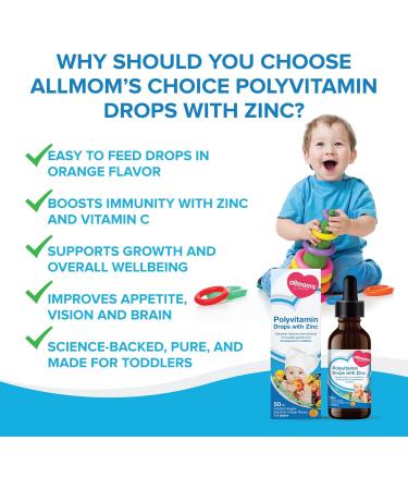 Allmoms - Polyvitamin Drops with Zinc 50ml - 9 Essential Vitamins and Minerals for Healthy Growth and Development in Toddlers - Immunity Boost Appetite Vision Care and Brain Health - 1 to 3 Years - Buy Online on GoSupps.com