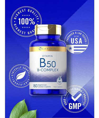 Carlyle Vitamin B50 Complex Supplement | 180 Caplets | Non-GMO, Vegetarian, Gluten Free - Buy Online on GoSupps.com