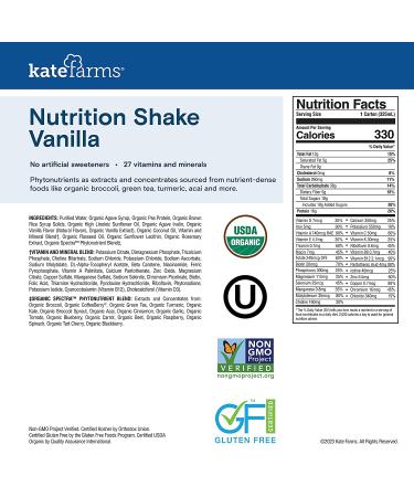 KATE FARMS Organic Vegan Vanilla Nutrition Shake | 16g Protein | 27 Vitamins | Meal Replacement | Gluten Free | Non-GMO | 11oz (Pack of 12) - Buy Online on GoSupps.com