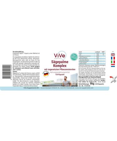 Vive Supplements Saw Palmetto Extract Prostate Capsules - High Dose Vegan Formula with Selenium Zinc Beta Sitosterol & Lycopene - 120 Capsules - Quality from Germany - Buy Online on GoSupps.com