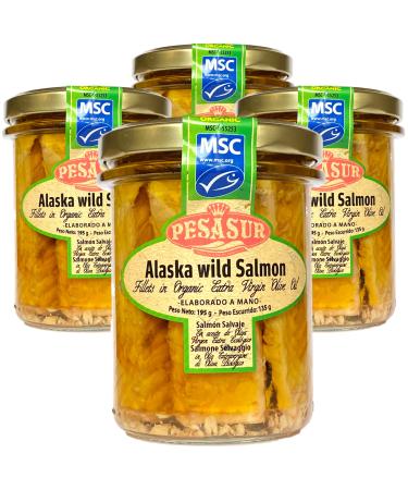 Soldimar Pesasur MSC Alaska Wild Salmon Fillets in Organic Extra Virgin Olive Oil 195g (Pack of 4)