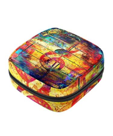 Abstract Colorful Music Notes Violin Treble Clef Sanitary Napkin Storage Bag Menstrual Bag Portable Menstrual Cup Pouch with Zipper for Teen Girls Women Ladies
