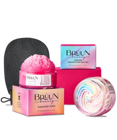 BR UN Beauty Unicorn Whipped Butter with Exfoliating Body Scrub Cream A Bundle for Body and Skin Care with Natural Ingredients and Vitamin E for Girls Men and Women (Body Butter + Scrub Cream)