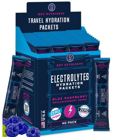 KEY NUTRIENTS Electrolytes Powder Packets - Delicious Blue Raspberry 40 Pack Hydration Packets - Travel Hydration Powder - No Sugar No Calories Gluten Free - Made in USA