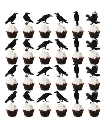 Leetaivie 24Pcs Black Glitter Crow Dessert Cupcake Toppers - Featured Halloween Themed Party Cake Topper (black)