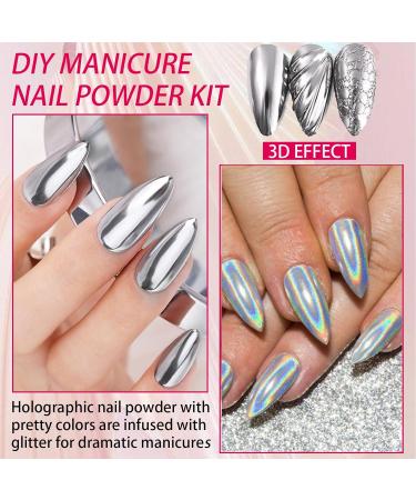Chrome Nail Powder Set - Glitter Metal Mirror Effect - 4 Colors - 3D Holographic - DIY Nail Art Kit with Sponge Sticks - Buy Online on GoSupps.com