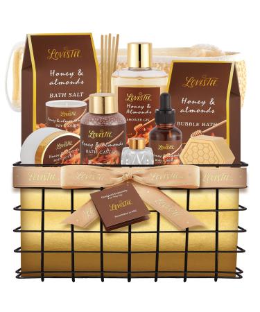 Father's Day Gifts Spa Gift Baskets For Women  Honey Almond Bath and Body Set  Christmas  Birthday Gift- Shower Gel  Bubble Bath  Body Butter  Bath Salt  Body Oil  Candle  Bath Caviar  Soap  Home Diffuser  Scrubber
