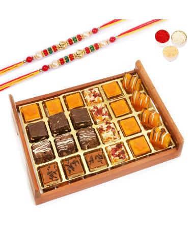 Ghasitaram Gifts Rakhi Gifts for Brothers Rakhi Sweets - Wooden Mango Delight and Rakhi Special Sweets Serving Tray with 2 Beads Rakhi Mango Delight & Special Sweets Serving Tray Rakhi