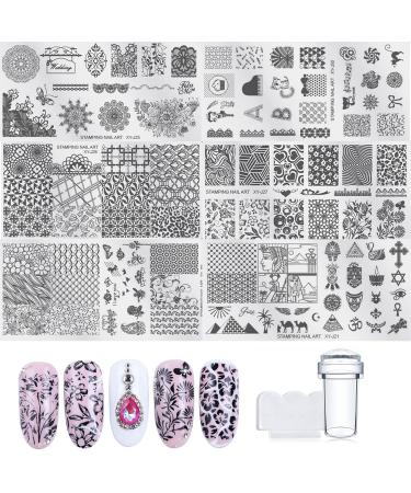 Nail Stamper Kit 6 Pcs Nail Stamping Plates+ 1 Stamper + 1 Scraper Lace Retro Flowers Plants Geometric Figures Totems Art Design Nail Plate Template Image Plate Nail Decoration Supplies