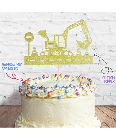 Cakeshop Cake Decoration Pack | Construction Digger Premium Double Sided Glitter Card Cake Topper & 25g Party Pack of Cake Sugar Sprinkles | Custom Name & Age Cake Decorations (Champagne) Prime Glitter Card: Champagne - Buy Online on GoSupps.com