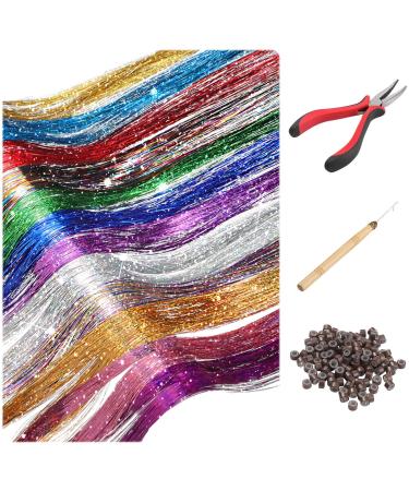 WILLBOND Hair tinsel strands kit   12 Colors 2400 Strands tinsel hair extensions fairy hair tinsel kit for Women Girls With Tools 12 Colors+Dark Brown Silicone Link Rings Beads