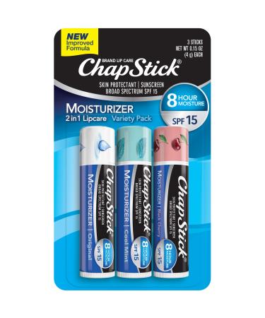 ChapStick Moisturizer Original, Black Cherry and Cool Mint Lip Balm Tubes Variety Pack, SPF 15 and Skin Protectant - 0.15 Oz (Pack of 3) Variety Pack 0.14 Ounce (Pack of 3)
