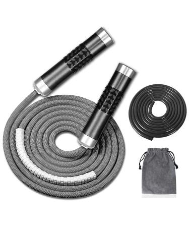 Redify Weighted Jump Rope for Workout Fitness(1LB), Tangle-Free Ball Bearing Rapid Speed Skipping Rope for MMA Boxing Weight-loss,Aluminum Handle Adjustable Length 9MM Fabric Cotton+9MM Solid PVC Rope Grey