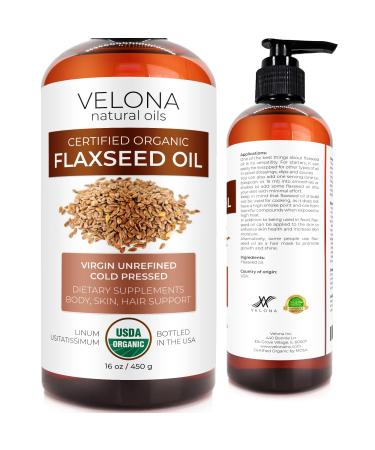 velona USDA Certified Organic Flaxseed Oil - 16 oz | 100% Pure and Natural Carrier Oil | Unrefined  Cold Pressed | Hair Growth  Body  Face & Skin Care | Use Today - Enjoy Results Organic Flaxseed Oil 16 oz