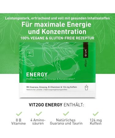 VIT2GO Energy Powder Drink | Caffeine Shot Taurine & Guarana | Energy Booster for Fatigue & Concentration | B Complex Vitamins (30 Sachets) - Buy Online on GoSupps.com