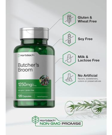 Horbaach Butchers Broom Capsules 1250mg | 120 Count | Non-GMO Gluten Free | Traditional Herb Root Extract Supplement - Buy Online on GoSupps.com