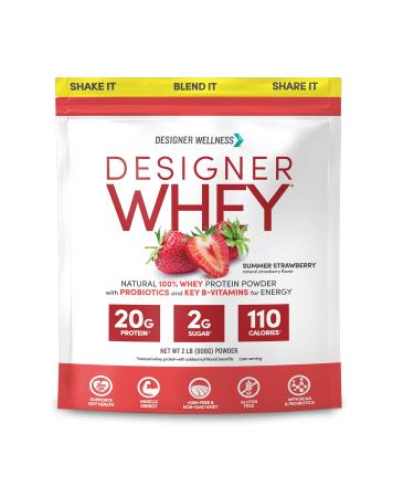 Designer Wellness Designer Whey Natural 100% Whey Protein Powder with Probiotics, Fiber, and Key B-Vitamins for Energy, Gluten-free, Non-GMO, Summer Strawberry 2 lb Summer Strawberry 2 Pound (Pack of 1)