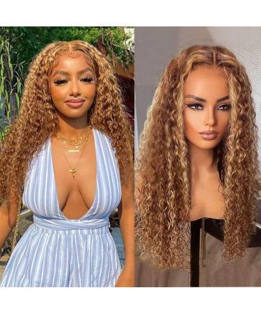 Highlight Deep Wave Ombre P4/27 Wigs 13x1 T Part Lace Front Wigs Human Hair Transparent Curly Water Wave Lace Frontal Wig Wavy Colored Lace Front Wigs for Black Women Honey Blonde 180% Density 28inch 28 Inch Deep Wave P4/2…