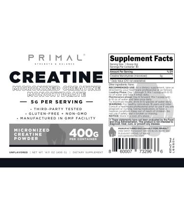 Primal Creatine Monohydrate Powder - Unflavored 400g | Micronized Muscle Development Supplement | 5g Per Serving for Pre-Workout & Recovery - Buy Online on GoSupps.com