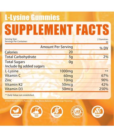 L-lysine Gummies 1000mg, Chewable Lysine Supplement with Vitamin C, D3, K2 & Zinc, Enhance Immunity, Lips & Skin Health, Collagen Growth, Sugar-Free, Gluten-Free, 60 Count (Pack of 2) - Buy Online on GoSupps.com