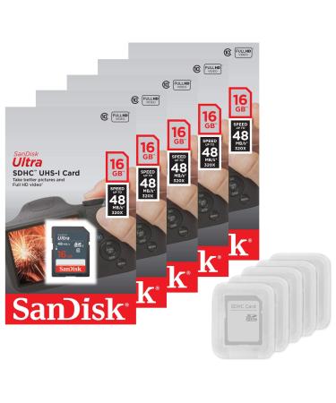 5 Pack - SanDisk Ultra 16GB SD SDHC Memory Flash Card UHS-I Class 10 Read Speed up to 48MB/s 320X SDSDUNB-016G-GN3IN Wholesale Lot + (5 Cases) 5 Pack (16GB)