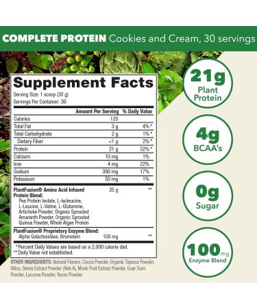 PlantFusion Vegan Protein Powder - Dairy Free Cookies & Cream 2lb | BCAAs & Digestive Enzymes - Buy Online on GoSupps.com