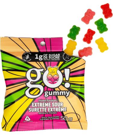 Jimmy Sevigny GoGummy Extreme Sour Mixed Flavours Low Sugar (1g) Gummy Bears | High Fiber No Sugar Alcohols Gluten Free | Pack of 12 x 50g Bags - Buy Online on GoSupps.com
