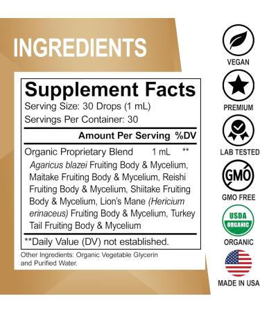 Adrenal Support & Mushroom Liquid Drops - Organic Adrenal and Focus Supplement Cortisol Support - Mushroom Complex Lion's Mane Mushrooms Reishi Turkey Tail Extract Shiitake Agaricus Maitake - Buy Online on GoSupps.com