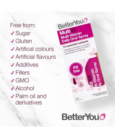 BetterYou MultiVit Daily Oral Spray - 1-Month Supply - 14 Essential Nutrients - Natural Blackcurrent and Plum Flavor - Pill-Free Multi Vitamin Supplement - Buy Online on GoSupps.com