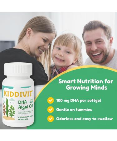 Kiddivit Algal Oil DHA Softgels for Kids Plant-Based Omega-3 from Algae 100 mg DHA per Softgel Supports Brain Eye and Nervous System Development Vegan 90 Softgels - Buy Online on GoSupps.com