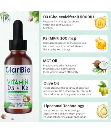 ClarBio Nutrition Liposomal Vitamin D3 K2 (MK-7) Liquid Drops with MCT and Olive Oil | Vitamin D3 5000iu | Bone & Heart Health | Immune & Joint Support Supplement | Maximum Absorption| Made in USA - Buy Online on GoSupps.com