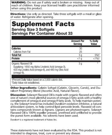 SOLARAY Flaxseed Oil Softgel 1000mg 100ct - Pure and Natural Supplement - Buy Online on GoSupps.com