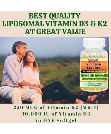 Nikoni Liposomal Vitamin D3 10000 IU, Vitamin K2 (MK-7) 250 mcg, Infused with Coconut & Avacado Oil, Easy to Swallow, Supports Calcium Absorption, Bone Health, 180 Vegan Softgels - Buy Online on GoSupps.com