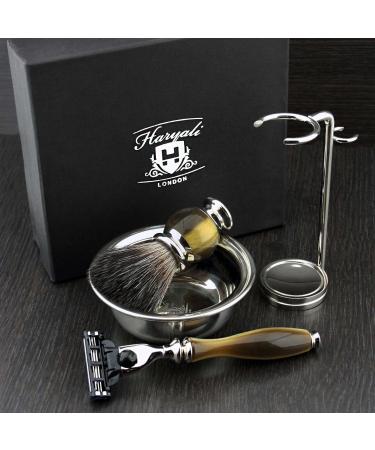 4 Pc Men's Shaving Kit - 3 Edge Razor Black Badger Hair Brush Stand & Stainless Steel Bowl | Perfect Grooming Gift - Buy Online on GoSupps.com