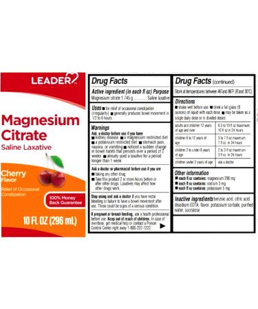 Leader Magnesium Citrate Saline Laxative Sugar-Free Cherry Flavor 10 FL OZ - Buy Online on GoSupps.com
