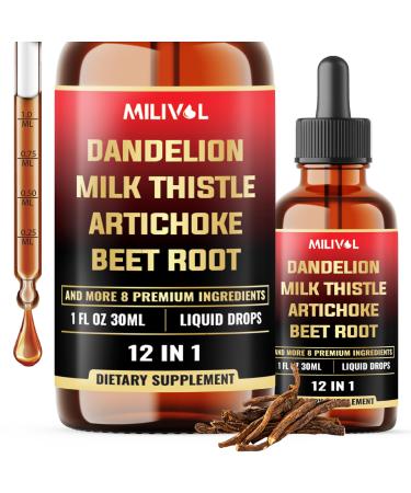 12in1 Dandelion Root Liquid Extract with Milk Thistle, Artichoke Extract, Turmeric, Beet Root, N-Acetyl Cysteine and 6 More Herbals - 1 Fl Oz - 60 Days Supply