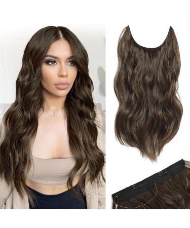 One piece Invisible Wire Hair Extensions Clip in Natural Wavy Synthetic Hair Extension with Transparent Wire Adjustable Size 2 Secure Clips Headband Long Curly Secret Hair Pieces for Women 20inch Chestnut Brown