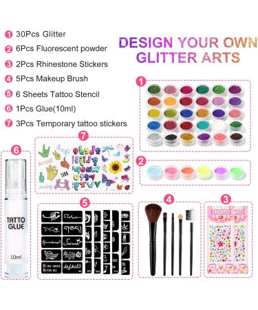 Temporary Glitter Tattoo Kit - 30 Colors, 6 Stencils, Body Glue, Brushes, Stickers, Rhinestones - Adults & Kids Halloween, Christmas, Birthday Party Makeup Gift - Buy Online on GoSupps.com