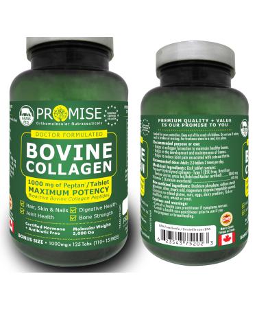 125 tabs Promise Bovine Collagen 1000mg of Peptan per tablet Better Absorption Maximum Potency Bioactive Bovine Collagen Peptides Protein (110+15 tabs FREE)