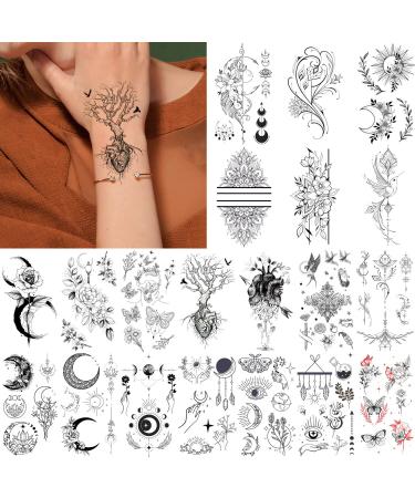 20 Sheets Black Tiny Temporary Tattoo  Hands Face Tattoo Sticker for Men Women  Moon Butterly Bird Flower Floral Designs Body Art on Arm Neck Shoulder Clavicle Waterproof Pattern B