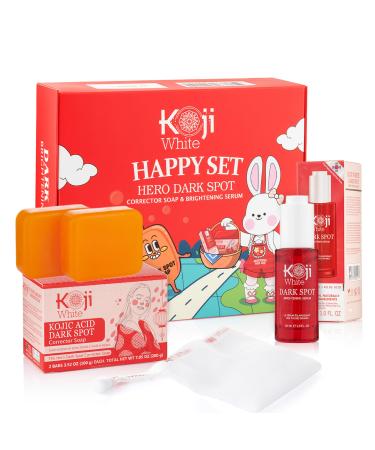 Koji White Facial Skin Care Sets & Kits Dark Spot Corrector Soap (3.52 Oz) Dark Spot Brightening Serum (1 Fl.Oz) for Face Moisturizer with Kojic Acid Niacinamide Vitamin C Hyaluronic Acid Vegan