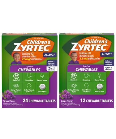 Children's Zyrtec Dye-Free Chewables for 24 Hour Allergy Relief 2.5 mg Cetirizine Hydrochloride Antihistamine Tablets Kids Allergy Medicine Relieves Sneezing & Itchy Throat Grape 24 + 12 ct
