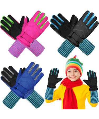 Newcotte 3 Pairs Kids Long Cuff Waterproof Winter Gloves Kids Snow Ski Gloves Stay on Windproof Warm Gloves Mittens for Boys Girls Outdoor Sports Aged 6-10 Classic Style