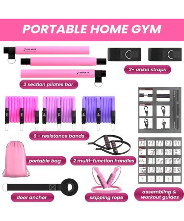 Multipurpose Yoga Pilates Bar Set with Resistance Bands & Jump Rope | Travel-Friendly Home Gym Equipment for All Heights | Complete Body Fitness Workout in Pink - Buy Online on GoSupps.com