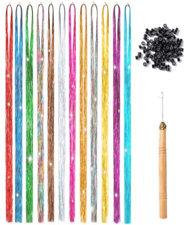 Sedfzo 47 Inch Tinsel Hair Extensions Glitter Kit - 12 Mixed Colors 2400 Strands Sparkling Shiny Hair Tinsel with Tools for Ball Party Halloween Christmas New Year Halloween Cosplay Party 12 Color